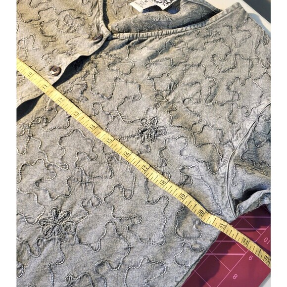 Boho Minimalist Gray Embroidered Button Down Top | Artsy Textured Long Sleeve M - Picture 14 of 16
